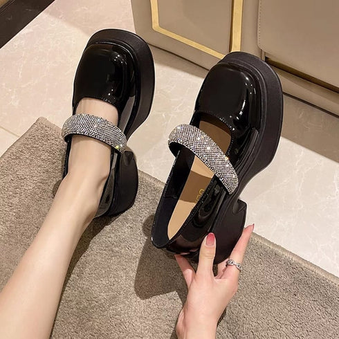 Casual Elegant Crystal Clogs Square Toe Patent leather Loafers